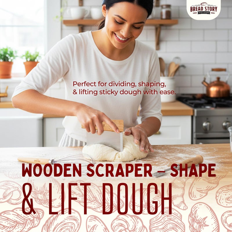 Bread Story Danish Dough Whisk Set â€“ Wooden Scraper & Lame Scoring Tool | Sourdough Whisk & Mixing Tool Kit | Bread Utensils for Homemade Bread, Pizza, Pastry | Stainless Steel & Wood - Image 3